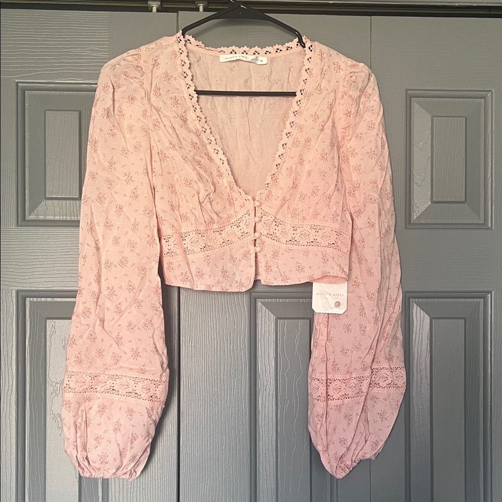 Altar'd State Blush Pink Lace-Trim Cropped Blouse